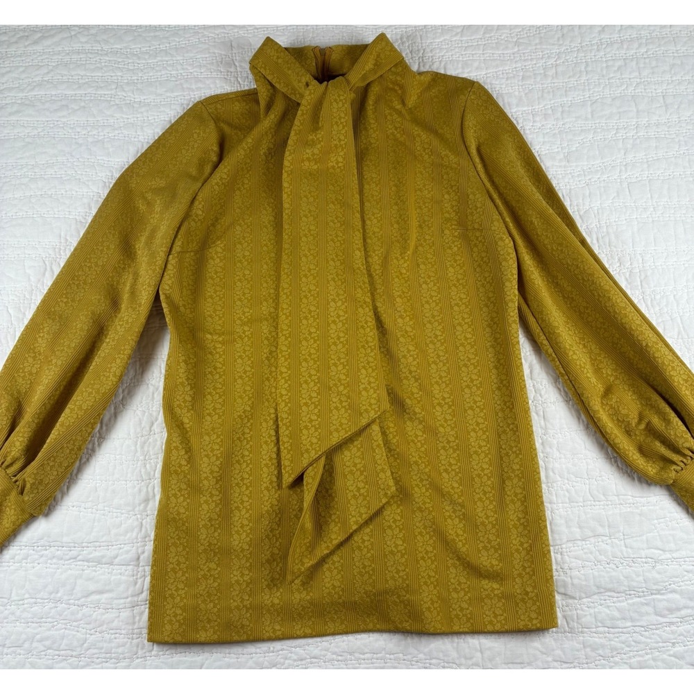 Vtg 70's Jantzen Mustard Gold Floral Jacquard Bow Tie Neck Blouse 12 Retro Mod